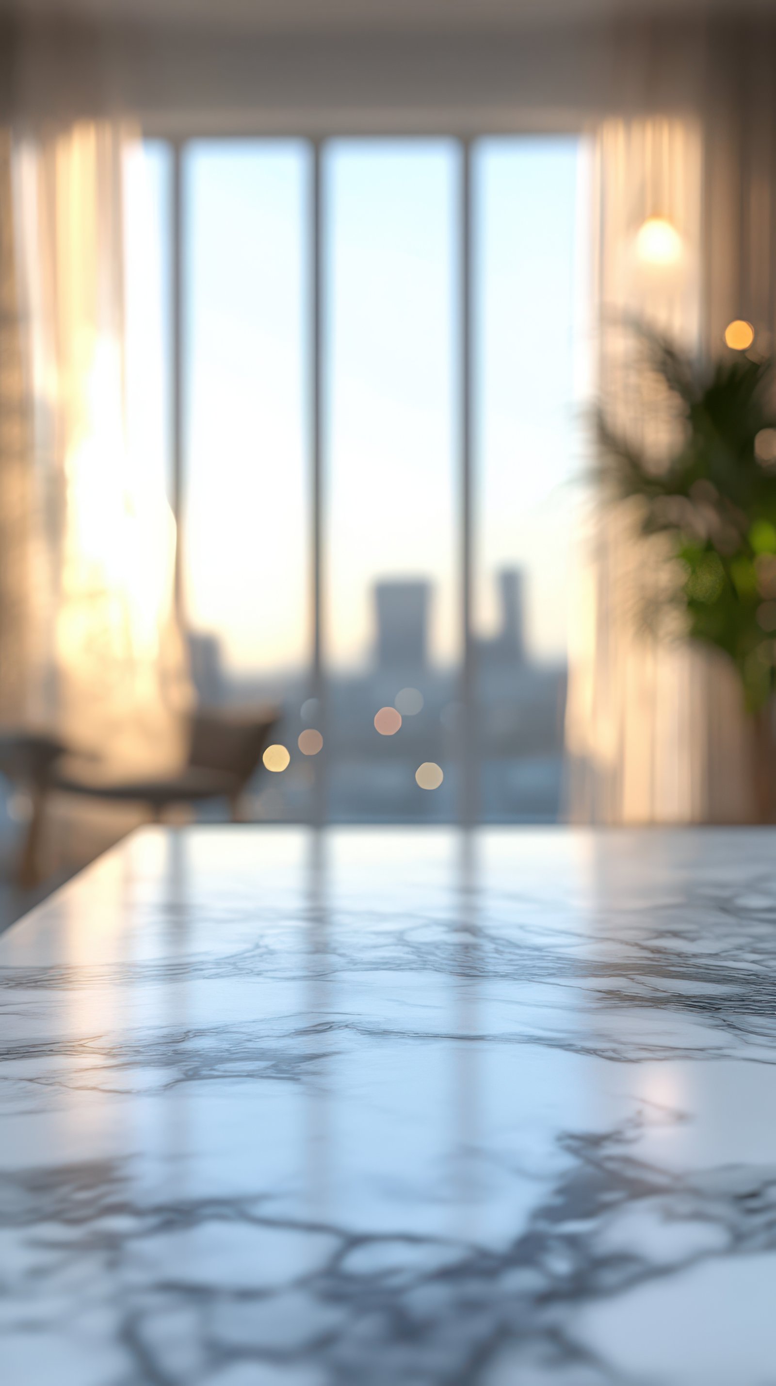 Marble table surface with city skyline in the background during sunset in a modern apartment